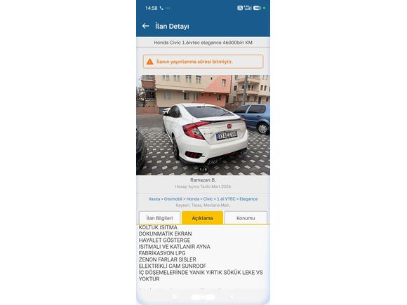 Sahibinden Honda Civic 1.6i VTEC Elegance 2020 Model
