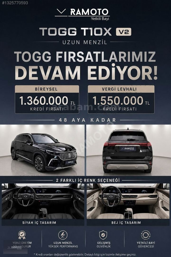 BİREYSELE 1.360.000TL 48 AY KREDİ*TOGG T10X V2 UZUN M. MERIDIAN 2