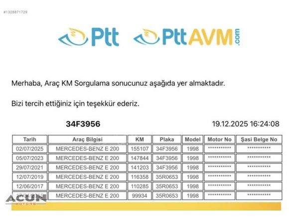 ACUN MOTORS BAYİİ ÇIKIŞ 169.000KM 1998 E200 KOMP. ELEGANCE 186HP