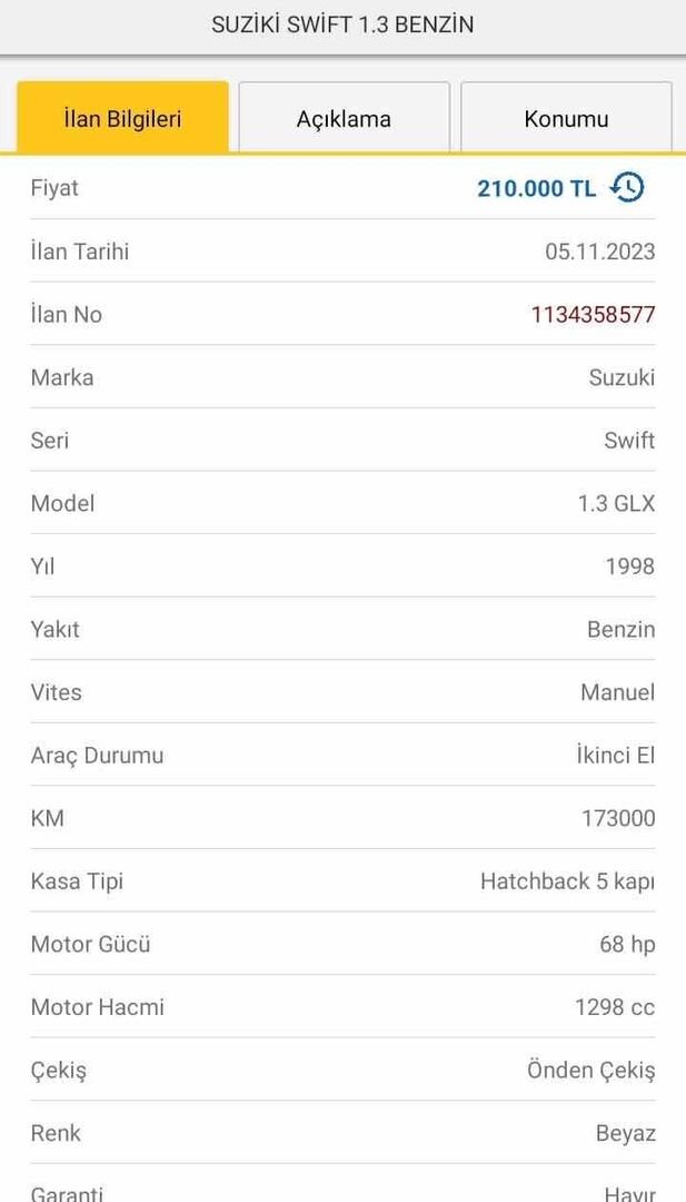 Sahibinden Suzuki Swift 1.3 GL 1998 Model İstanbul 178.000 km Beyaz 4