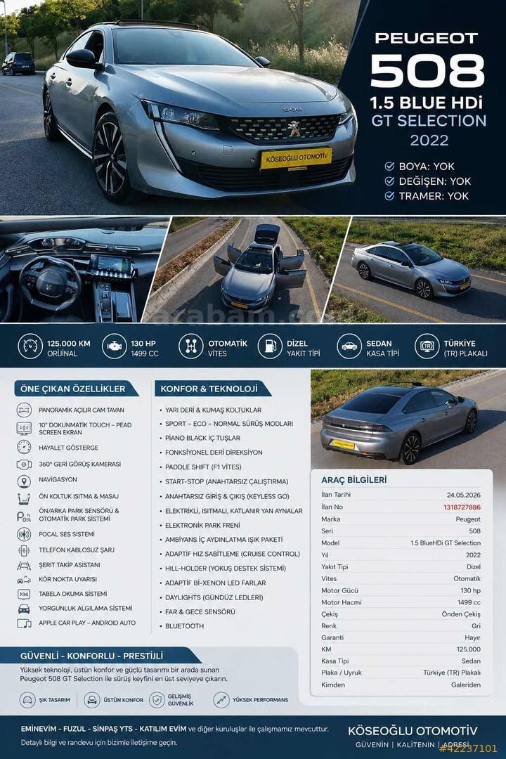 Galeriden Peugeot 508 1.5 BlueHDI GT Selection 2022 Model İstanbul 125.000 km Gri 2