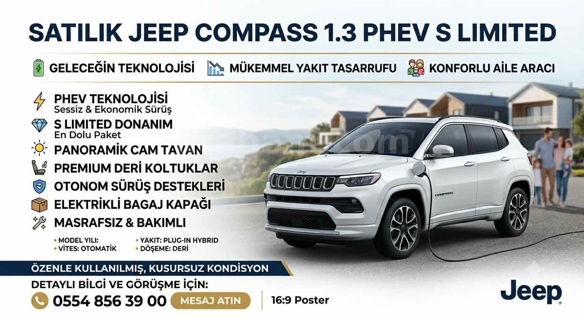 Sahibinden Jeep Compass 1.3 Turbo PHEV S Limited 2023 Model Muğla 19.648 km Beyaz 1