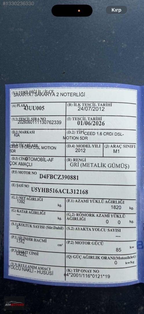 Galeriden Kia Ceed 1.6 CRDi Motion 2012 Model Düzce 149.000 km Gri 7