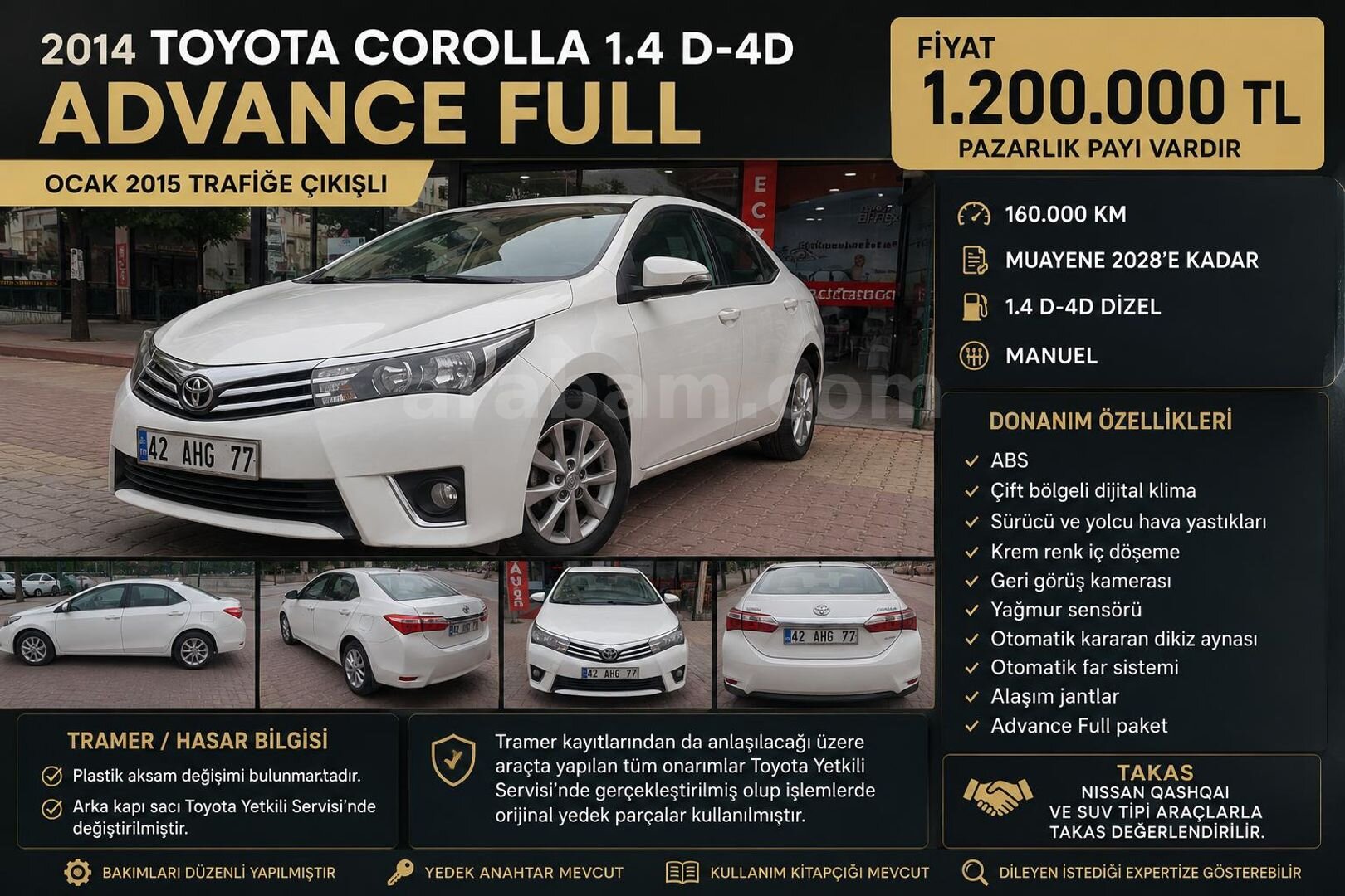Sahibinden Toyota Corolla 1.4 D-4D Advance 2014 Model Konya 160.000 km Beyaz 1