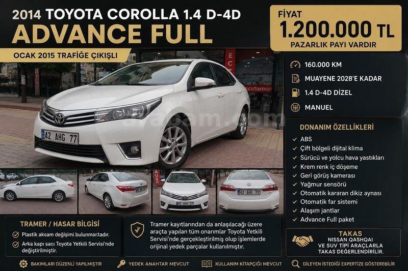 Sahibinden Toyota Corolla 1.4 D-4D Advance 2014 Model Konya 160.000 km Beyaz 1