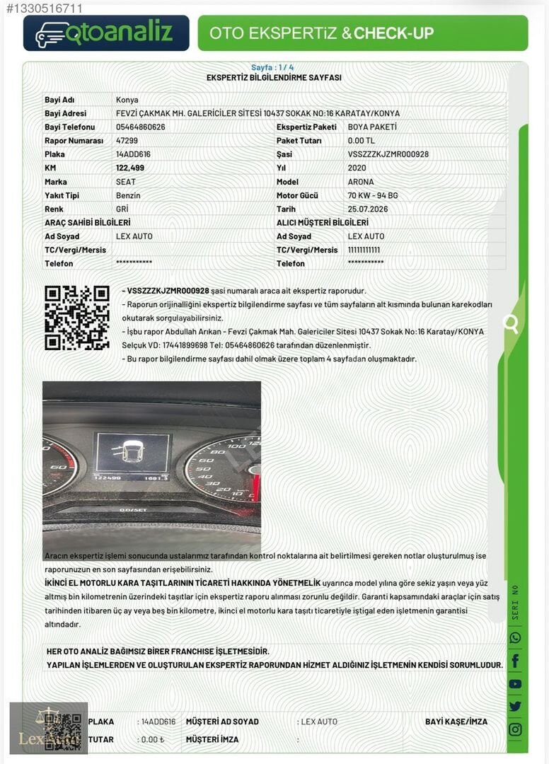 "LEX AUTO" 2020 SEAT ARONA 1.6 DİZEL OTOMATİK HATASIZ 123.000 KM 2