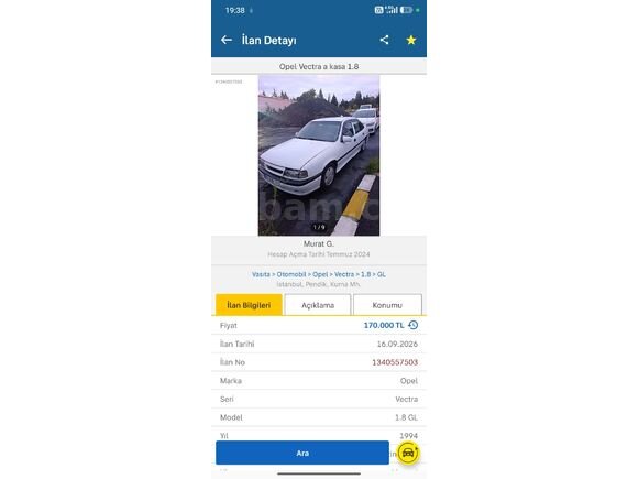 Sahibinden Opel Vectra 1.8 GL 1994 Model İstanbul 423.386 KM Beyaz